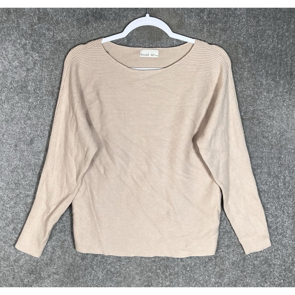 Becool Ribbed Knit Top Womens Size M/L Tan Viscose Nylon Boat Neck Dolman Sleeve